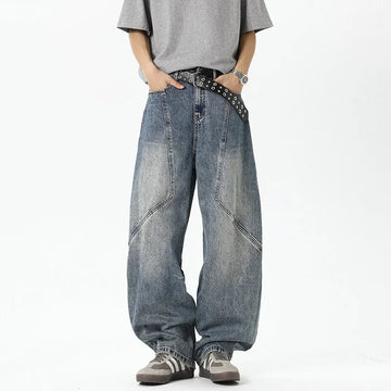 Riolio Mens Relaxed Fit Wide Leg Jeans Patchwork Design Floor Length Baggy Streetwear Casual Denim Pants 2025 Trendy Loose Trousers